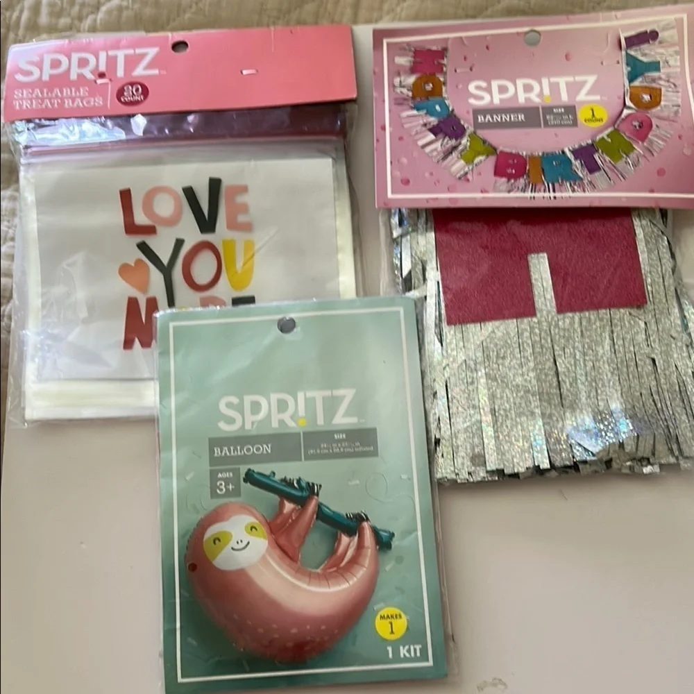 Spritz Party Kit. Sloth Balloon, Happy Birthday Banner and 20 Treat Bags